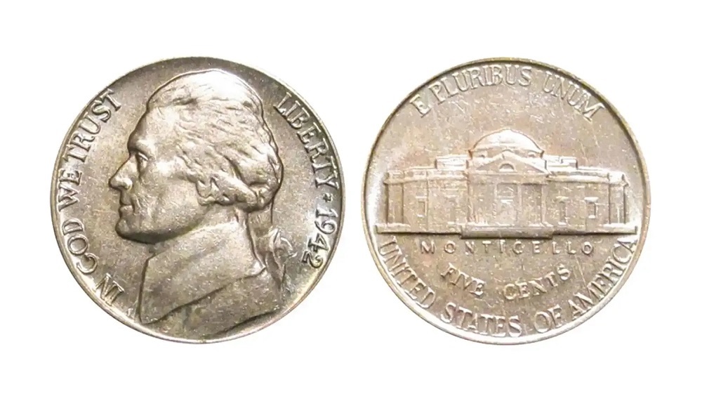 1942 Jefferson nickel obverse and reverse showing both Type 1 copper-nickel and Type 2 silver war nickel