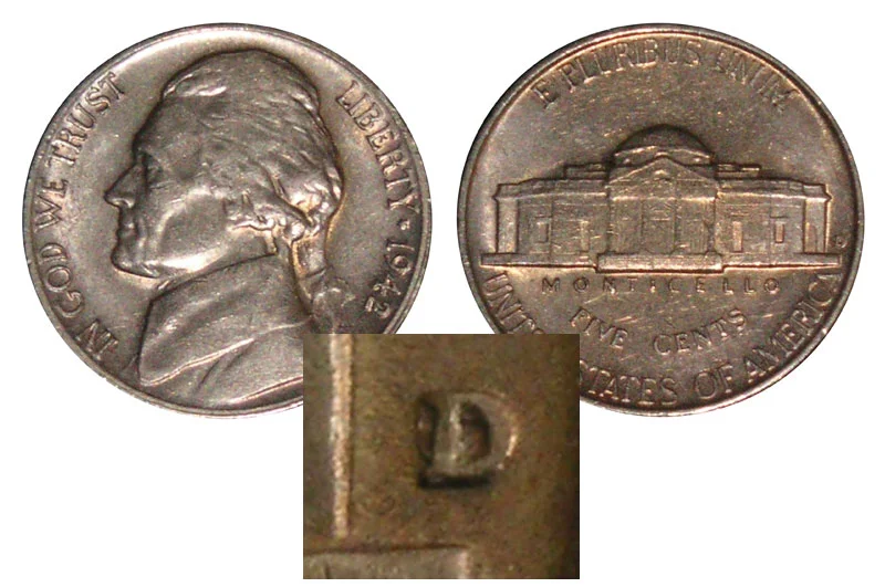 Side-by-side comparison of 1942-D normal mintmark versus the D over Horizontal D variety on a Jefferson nickel