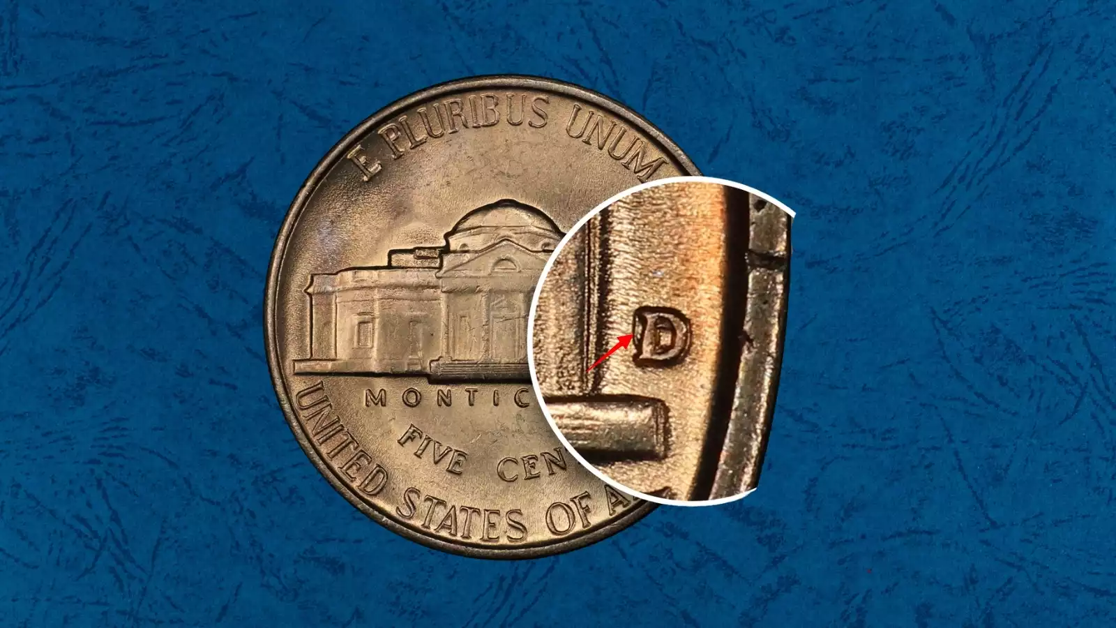 1942-D over Horizontal D repunched mintmark close-up showing sideways D beneath upright D on Jefferson nickel