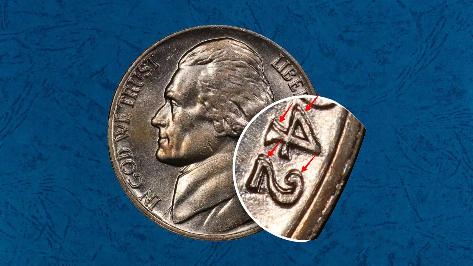 1942 Jefferson nickel Doubled Die Obverse showing doubling on Jefferson's profile and the lower digit 2 in the date