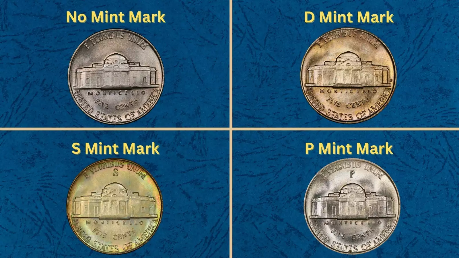 All four 1942 Jefferson nickel types showing no mintmark, D mintmark, large P silver war nickel, and large S silver war nickel