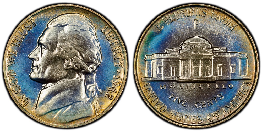 1942 Jefferson nickel grading strip showing four condition tiers from worn through gem mint state